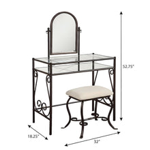 Metal Vanity Set with Glass Top, Mirrored Shelf and Upholstered Bench