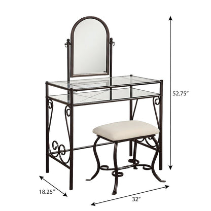 Metal Vanity Set with Glass Top, Mirrored Shelf and Upholstered Bench
