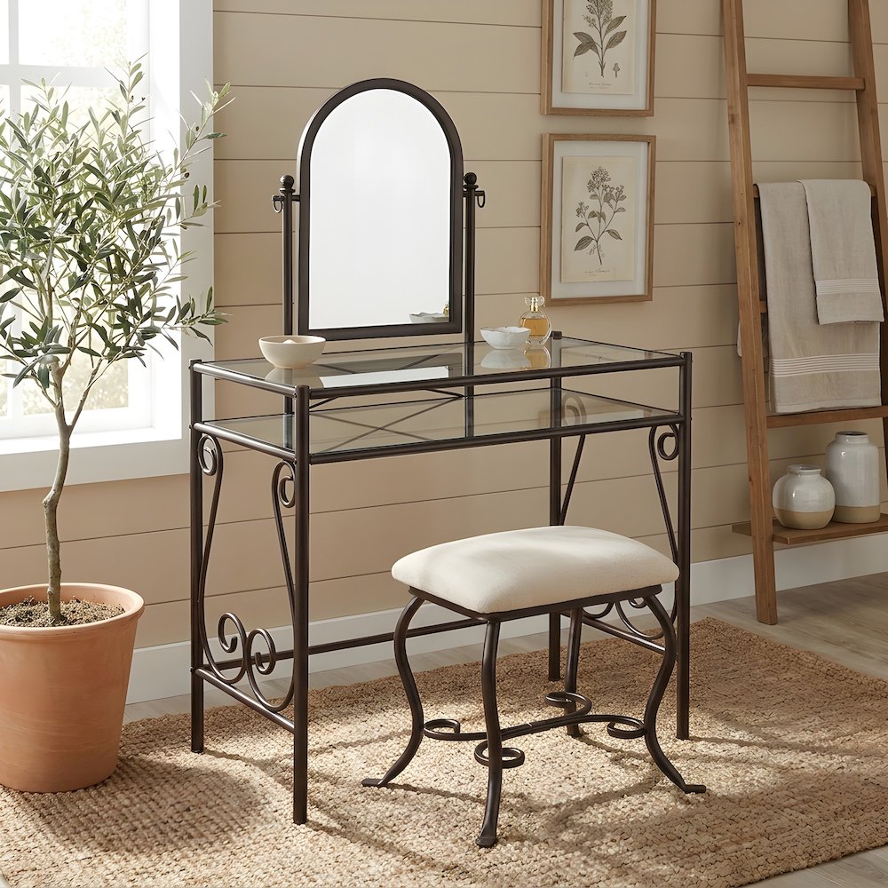Metal Vanity Set with Glass Top, Mirrored Shelf and Upholstered Bench