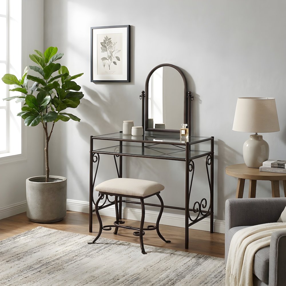 Metal Vanity Set with Glass Top, Mirrored Shelf and Upholstered Bench