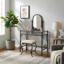 Metal Vanity Set with Glass Top, Mirrored Shelf and Upholstered Bench
