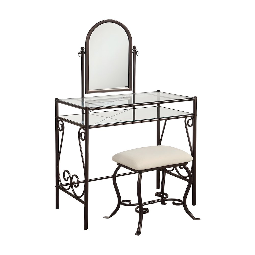 Metal Vanity Set with Glass Top, Mirrored Shelf and Upholstered Bench