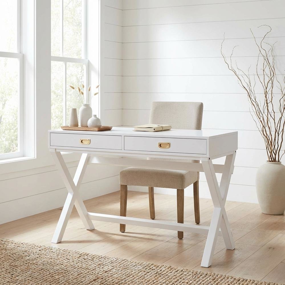 White Writing Desk with Pine and MDF Surface for Office Workspace