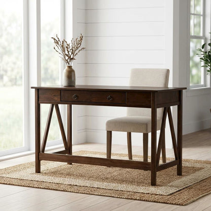 Wooden Office Desk In Antique Tobacco Finish With Solid Pine Construction