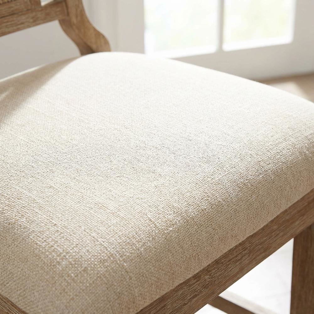 Brown Counter Stool with Solid Rubberwood Frame, Padded Seat & Linen Upholstery