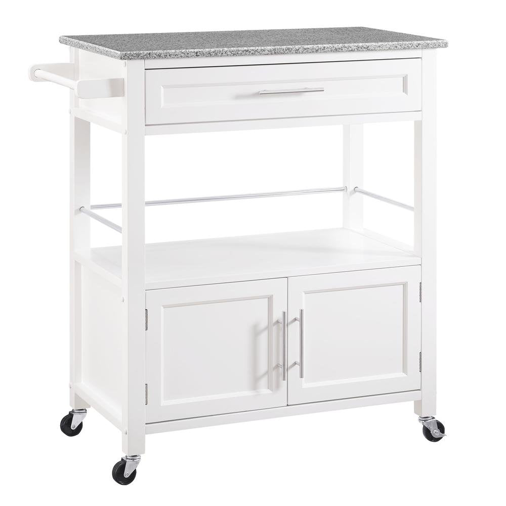 White Kitchen Cart with Granite Top and Timber Construction for Food Prep