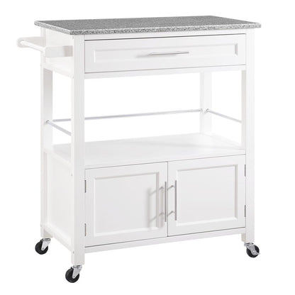White Kitchen Cart with Granite Top and Timber Construction for Food Prep