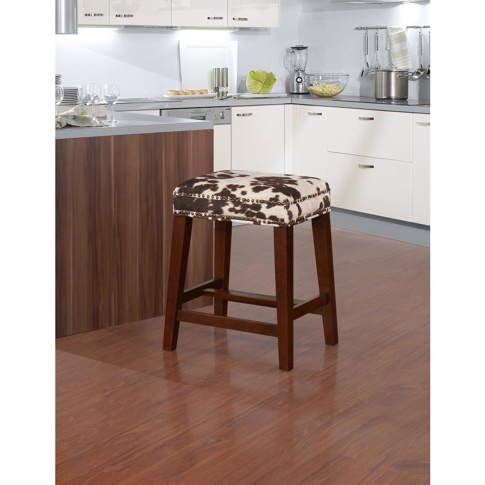Brown Cow Print Counter Stool with Solid Wood Frame and Cushioned Seat