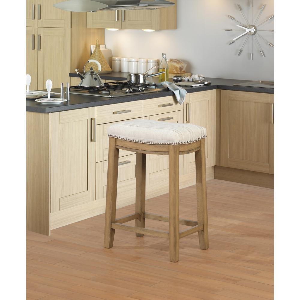 Rustic Stripe Counter Stool with Linen Weave Fabric and Metal Nail Heads