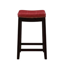 Red counter stool with rubberwood frame and cushioned faux leather seat