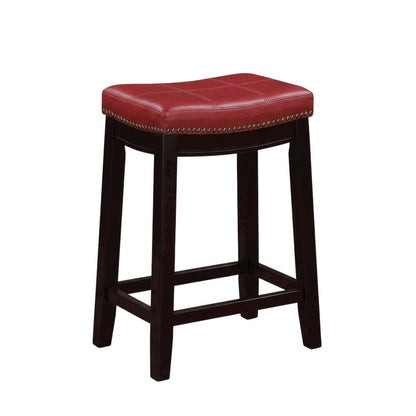 Red counter stool with rubberwood frame and cushioned faux leather seat