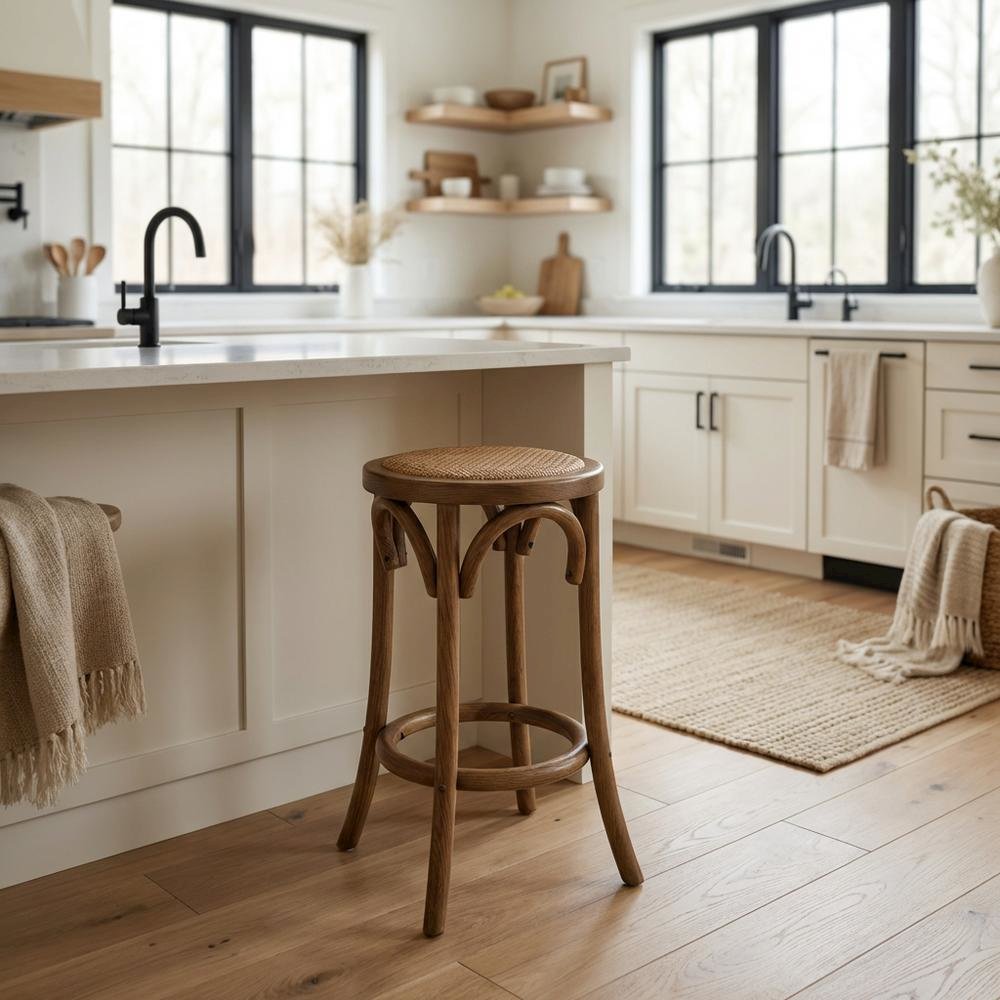 Walnut Backless Counter Stool with Elm Wood and Rattan Seat