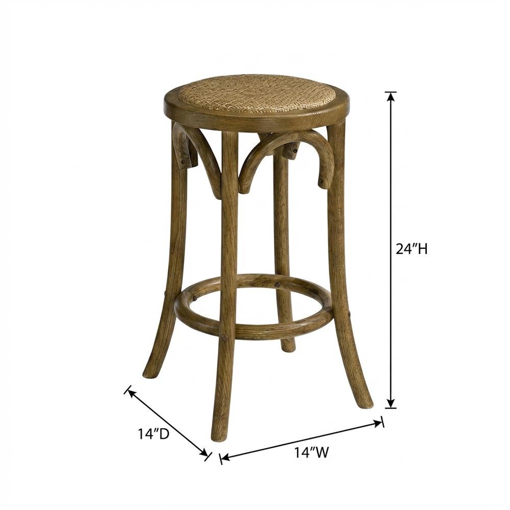Walnut Backless Counter Stool with Elm Wood and Rattan Seat