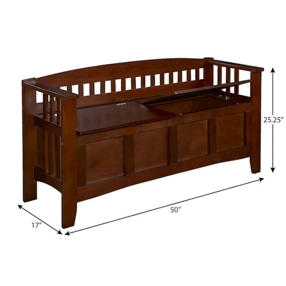 Rubberwood Split Seat Storage Bench with Slatted Low Back, Brown