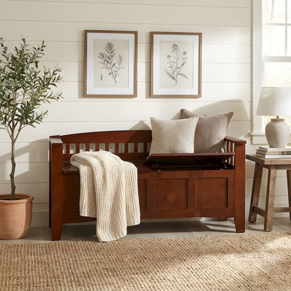 Rubberwood Split Seat Storage Bench with Slatted Low Back, Brown
