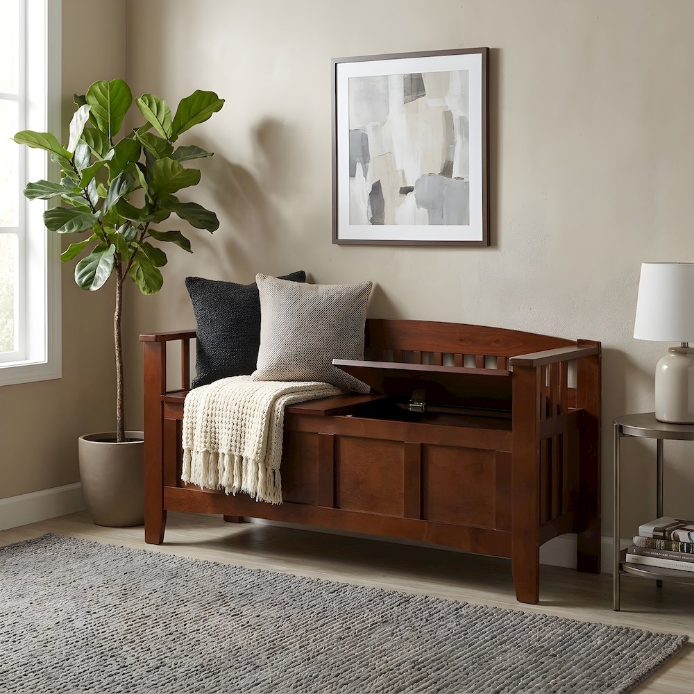 Rubberwood Split Seat Storage Bench with Slatted Low Back, Brown