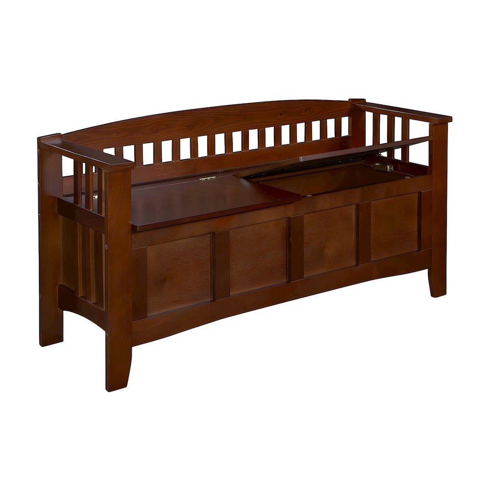 Rubberwood Split Seat Storage Bench with Slatted Low Back, Brown