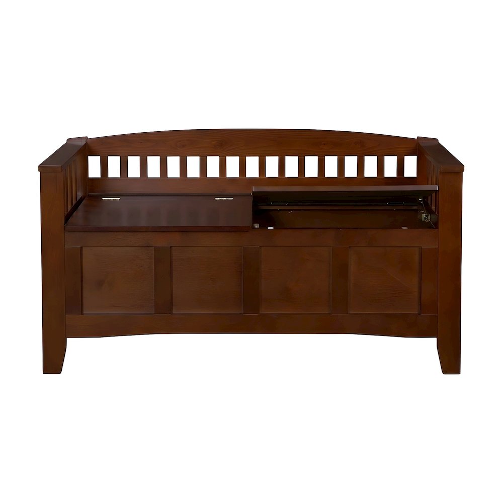 Rubberwood Split Seat Storage Bench with Slatted Low Back, Brown
