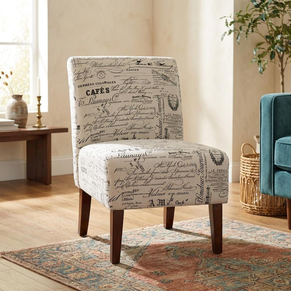 Linen Script Lily Accent Chair in Brown Fabric with Comfortable Seat