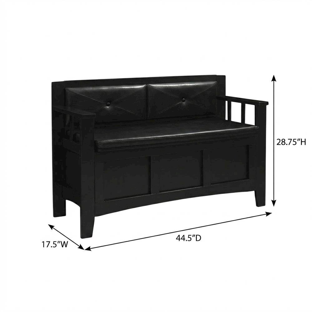 Padded Bench in Black Faux Leather with Wooden Frame and Cushioned Seat