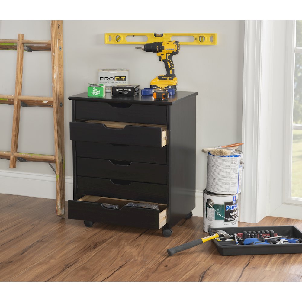 Cary Black Six Drawer Wide Rolling Storage Cart Black