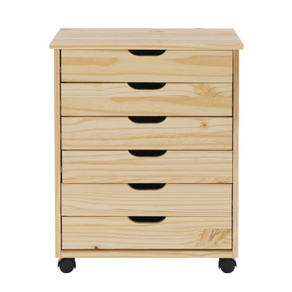 Cary Six Drawer Wide Roll Cart, Natural