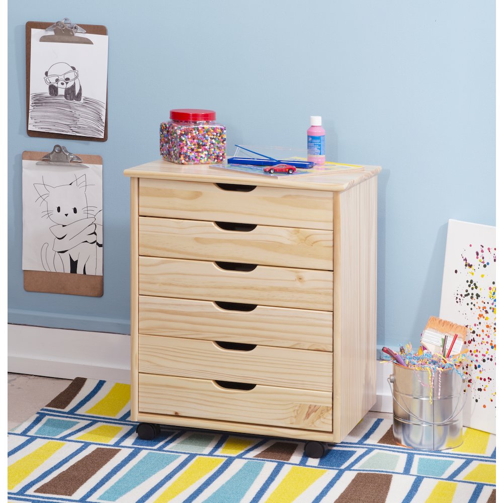 Cary Six Drawer Wide Roll Cart, Natural