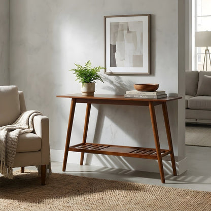 Birch Veneer Console Table with Bottom Shelf, Mid-Century Modern Style, Brown