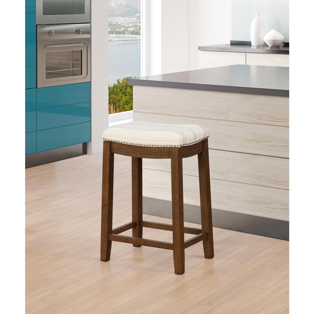 Natural Counter Stool with Linen-Weave Fabric and Metal Nail Heads