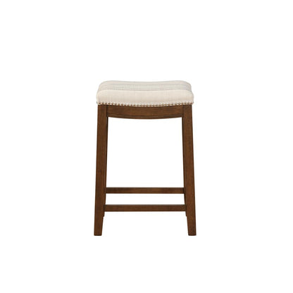 Natural Counter Stool with Linen-Weave Fabric and Metal Nail Heads