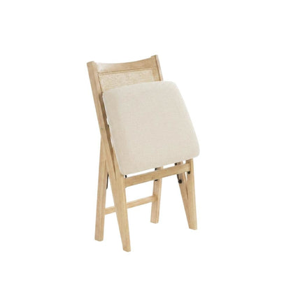 Beige Rattan Cane Folding Dining Side Chair with Polyester Fabric Seat