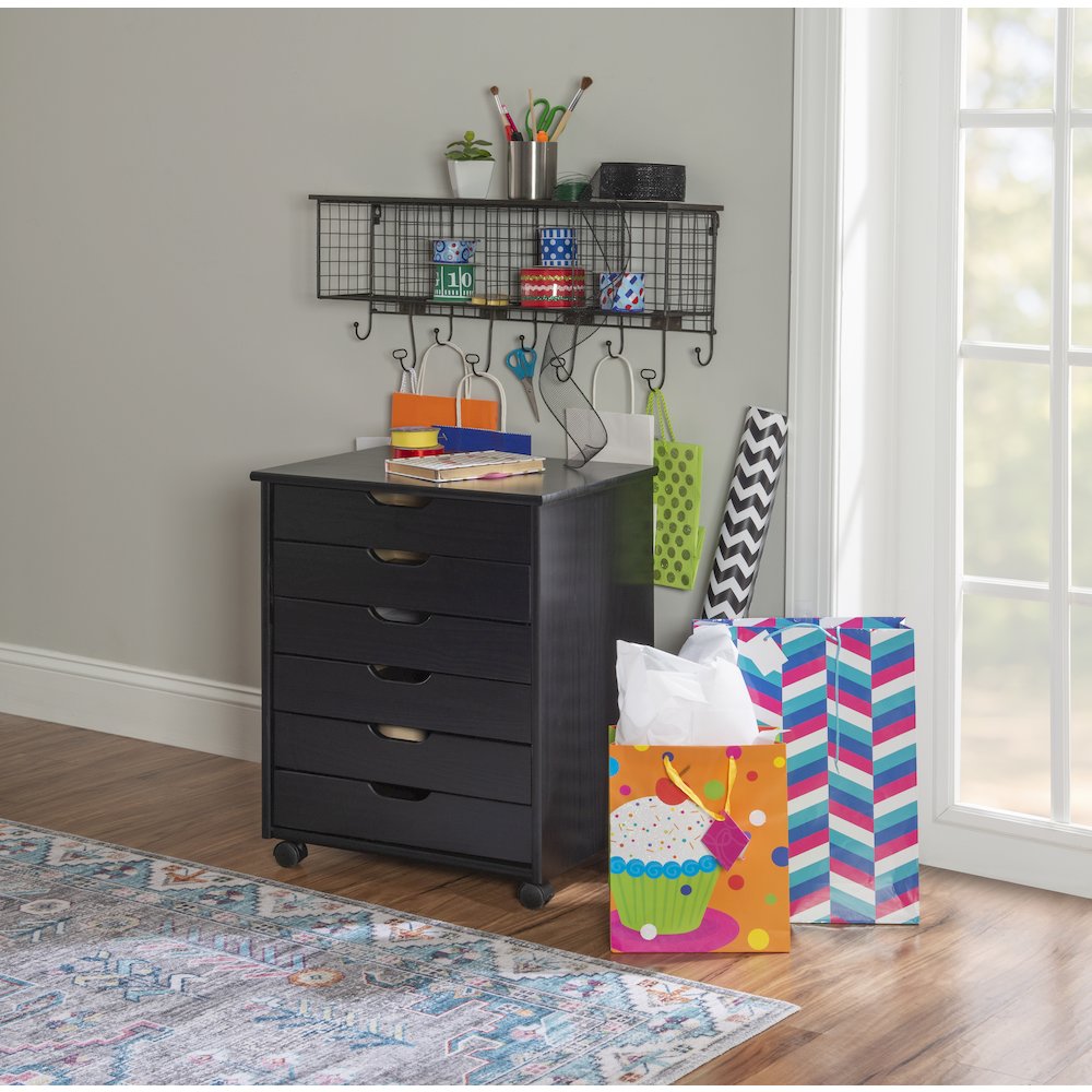 Cary Black Six Drawer Wide Rolling Storage Cart Black