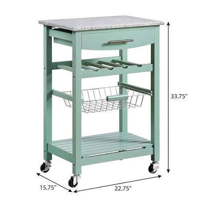 Pine Wood Kitchen Island with Granite Top, Wine Rack and Pull-Out Drawer, Green