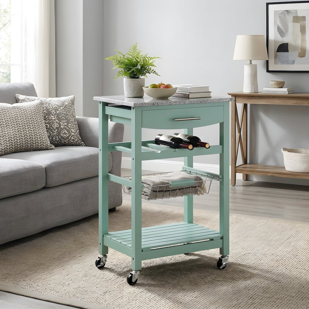 Pine Wood Kitchen Island with Granite Top, Wine Rack and Pull-Out Drawer, Green