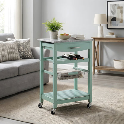 Pine Wood Kitchen Island with Granite Top, Wine Rack and Pull-Out Drawer, Green