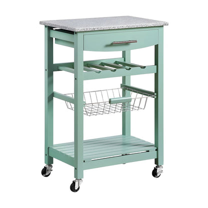 Pine Wood Kitchen Island with Granite Top, Wine Rack and Pull-Out Drawer, Green