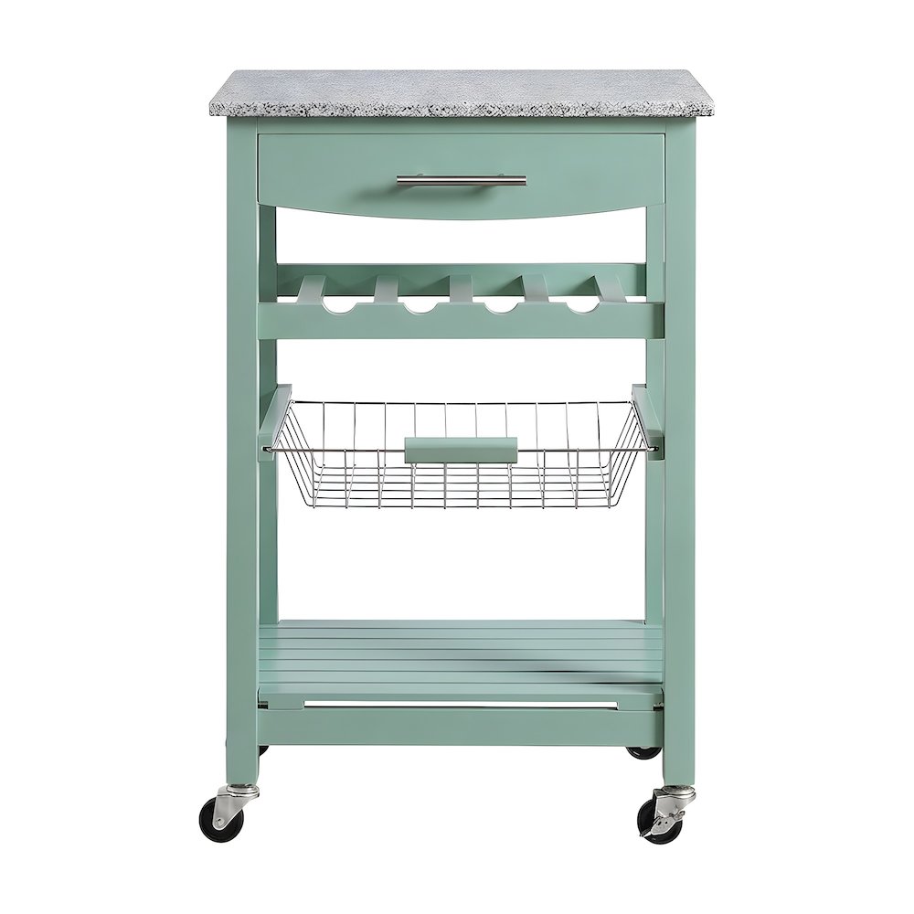 Pine Wood Kitchen Island with Granite Top, Wine Rack and Pull-Out Drawer, Green