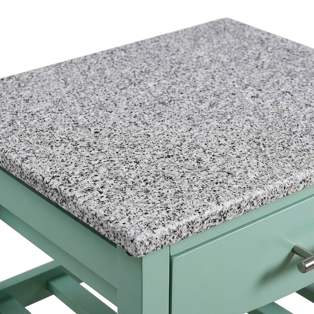 Pine Wood Kitchen Island with Granite Top, Wine Rack and Pull-Out Drawer, Green