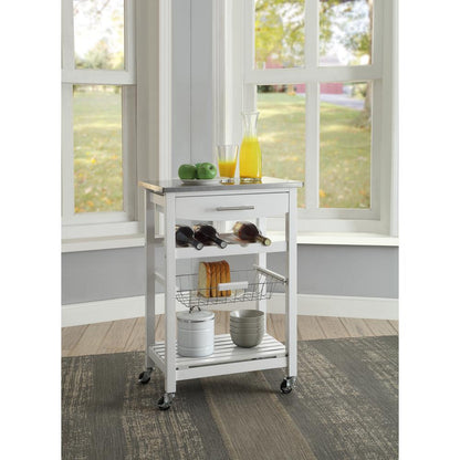 White Kitchen Cart with Pine Top and Stainless Steel Accents for Storage