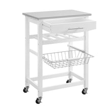 White Kitchen Cart with Pine Top and Stainless Steel Accents for Storage
