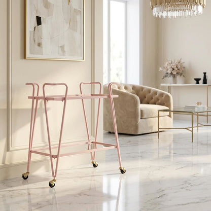 Pink Mid-Century Bar Cart with Glass Shelves and Iron Frame
