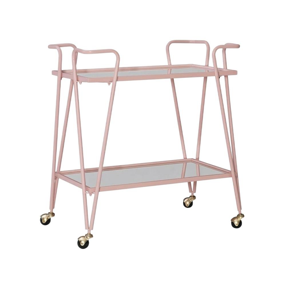 Pink Mid-Century Bar Cart with Glass Shelves and Iron Frame
