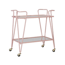 Pink Mid-Century Bar Cart with Glass Shelves and Iron Frame