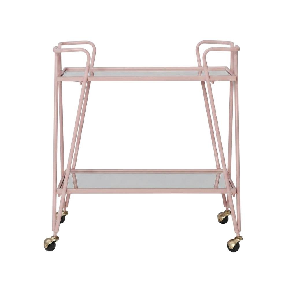 Pink Mid-Century Bar Cart with Glass Shelves and Iron Frame