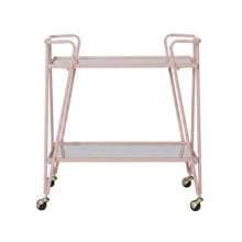 Pink Mid-Century Bar Cart with Glass Shelves and Iron Frame