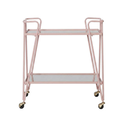 Pink Mid-Century Bar Cart with Glass Shelves and Iron Frame