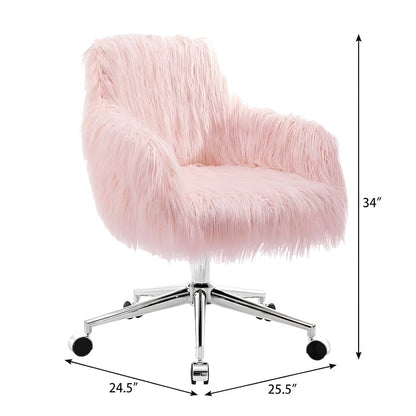Faux Fur Upholstered Mid-Back Office Chair with Chrome Base and Casters, Pink