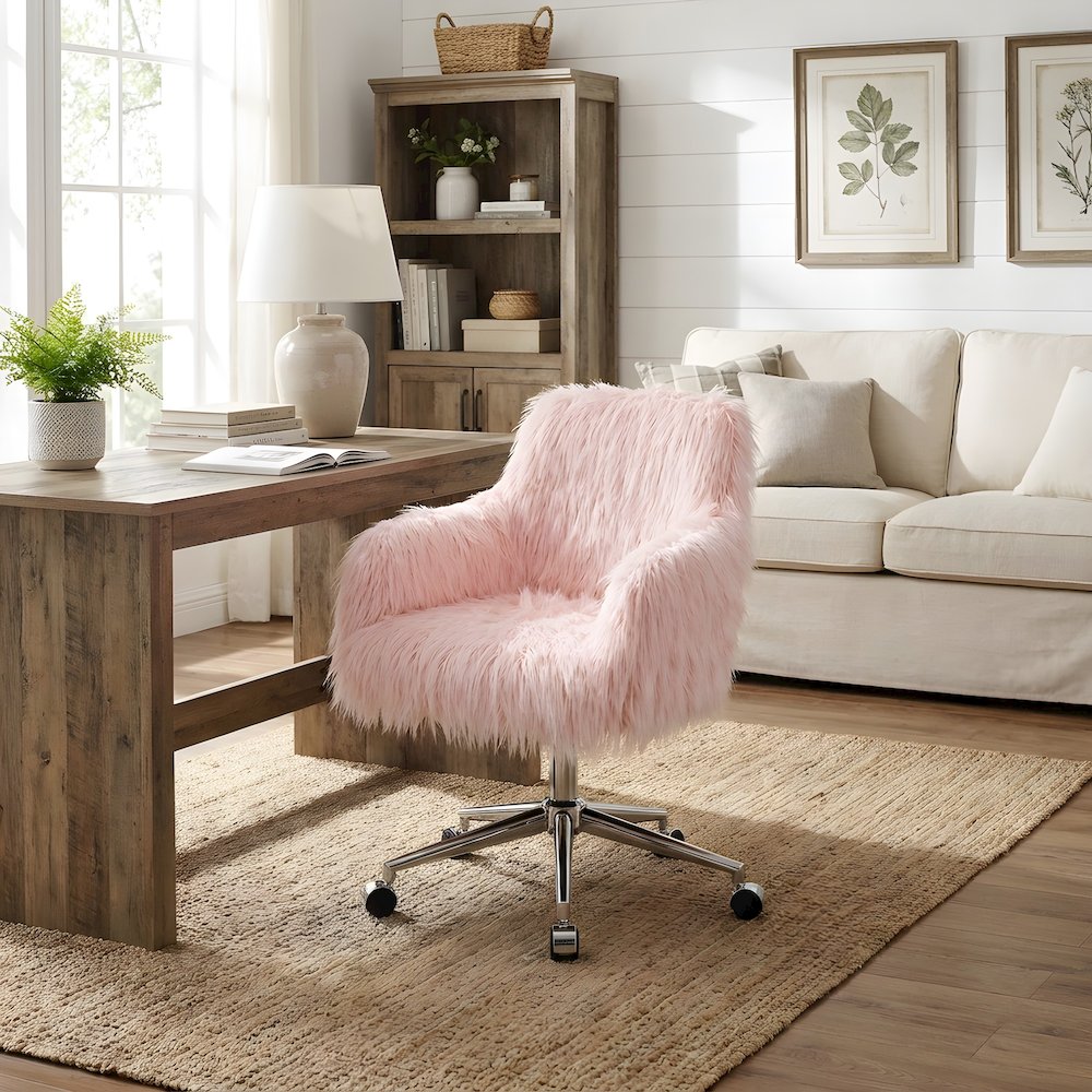 Faux Fur Upholstered Mid-Back Office Chair with Chrome Base and Casters, Pink