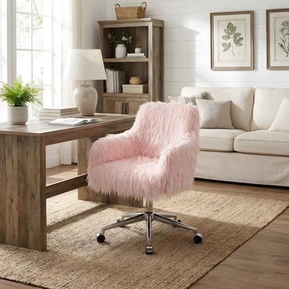 Faux Fur Upholstered Mid-Back Office Chair with Chrome Base and Casters, Pink
