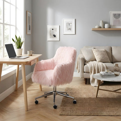 Faux Fur Upholstered Mid-Back Office Chair with Chrome Base and Casters, Pink